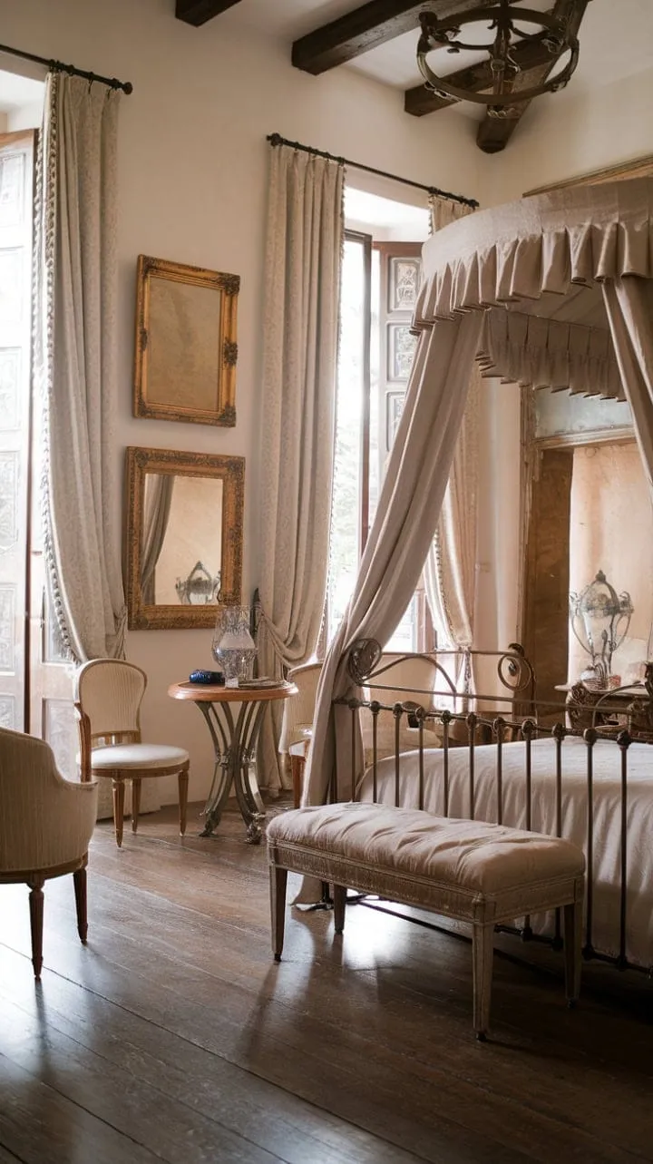 In a sunlit Spanish villa, a Mediterranean bedroom exudes timeless elegance with its ornate gold frames, wrought iron bed, and the enchanting allure of whispered secrets.