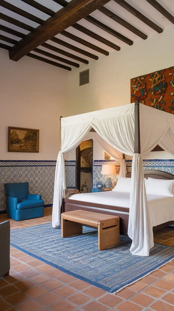 A Spanish villa's guest room boasts a high-ceilinged haven with a white-canopied bed, terracotta floors, and vibrant Mediterranean details.