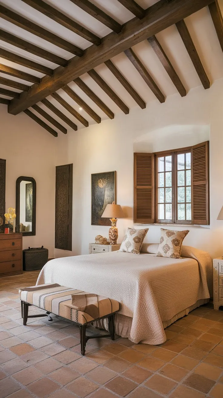 Elegant Spanish villa bedroom boasts high ceilings, terracotta floors, and a queen-size bed under shuttered windows