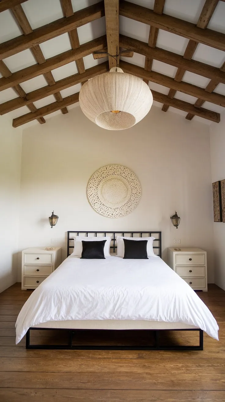 A high-ceilinged Spanish guest room boasts a black metal queen bed, whitewashed walls, wooden beams, and a simple elegance.