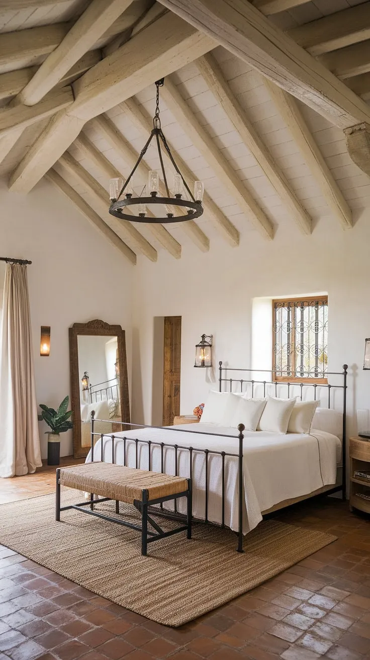 Elegant Spanish villa bedroom boasts high ceilings, terracotta floors, and wrought iron accents.
