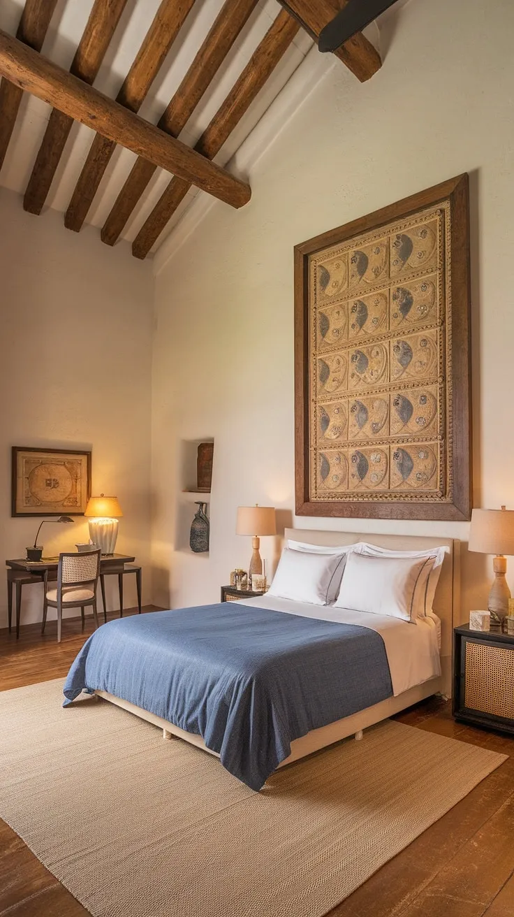 Elegant Mediterranean bedroom design features high ceilings, wooden beams, and calming blue accents