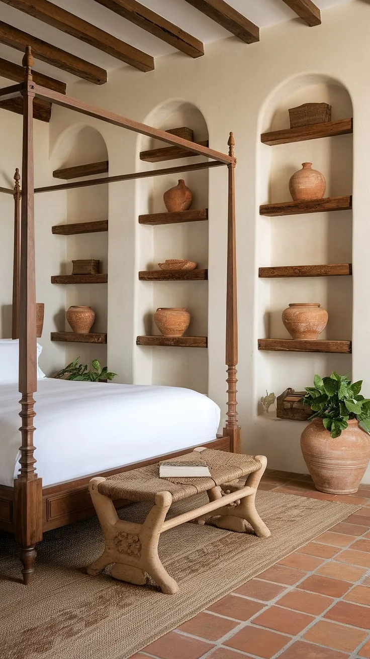A Spanish-tiled floor and woven rug complement the elegant wooden canopy bed in this inviting Mediterranean guest room.