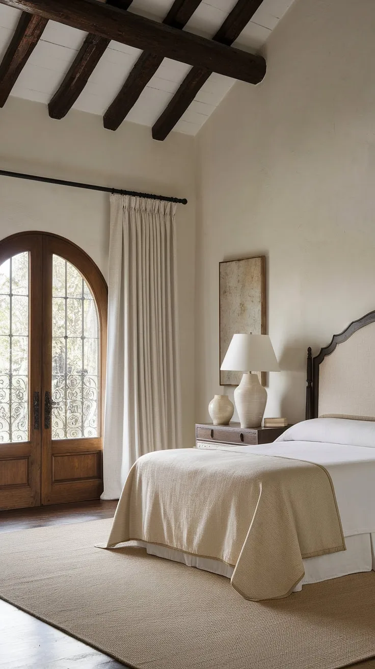 A tranquil Mediterranean guest room features a queen bed and dark wood details under high ceilings, creating a serene Spanish ambiance.