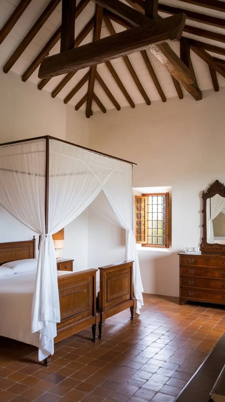 Awaken to the soothing serenade of a Spanish courtyard in a serene guest room adorned with warm terracotta, high wooden beams, and Mediterranean charm.