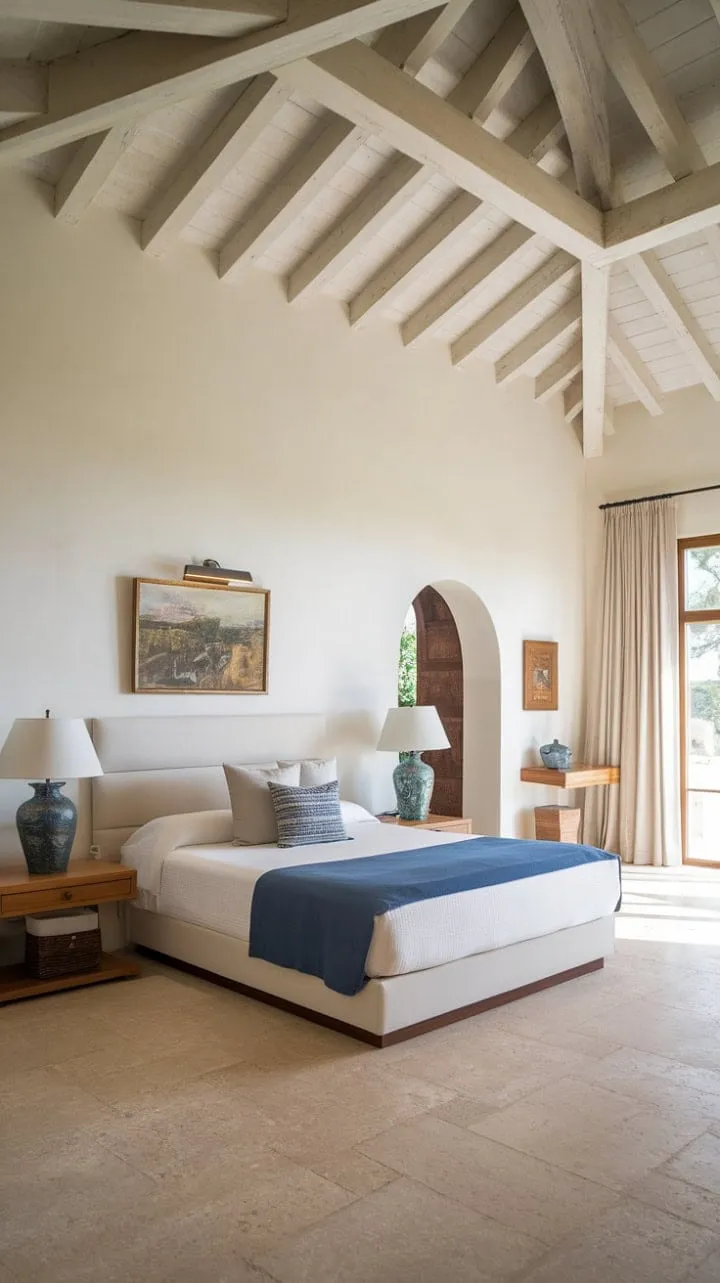 Bathed in sunlight, this serene Spanish-style guest room features exposed wooden beams and a cozy queen bed adorned in soothing blue linens, offering a perfect Mediterranean retreat.