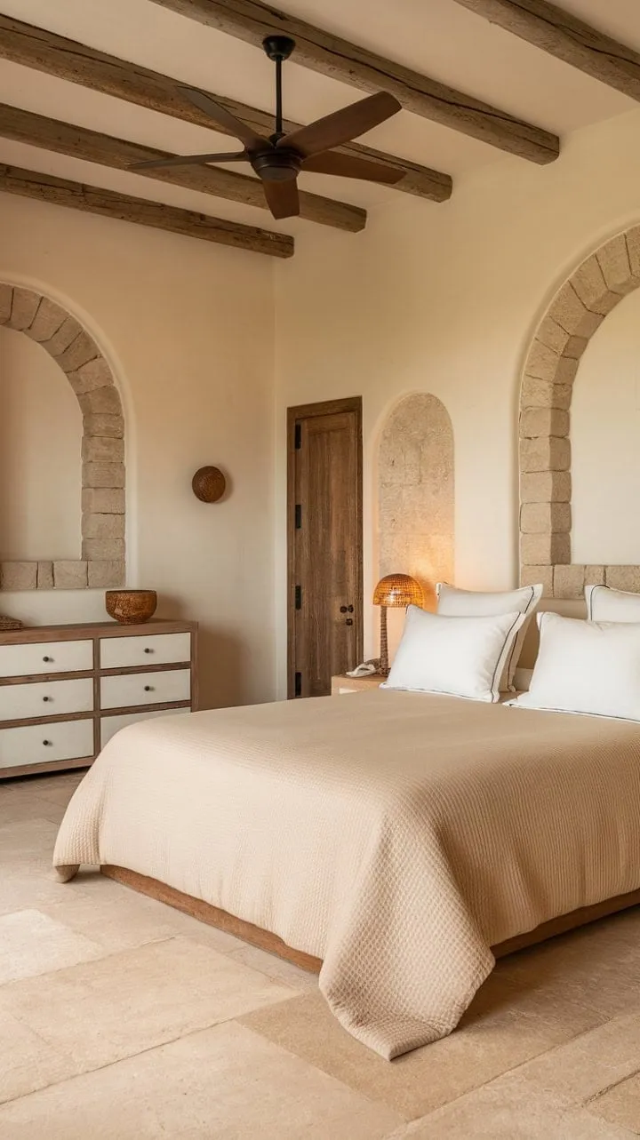 Bathed in sunlight, this serene Spanish-style guest room offers a cozy retreat with warm tones and handcrafted accents, ideal for unwinding after Mediterranean adventures.
