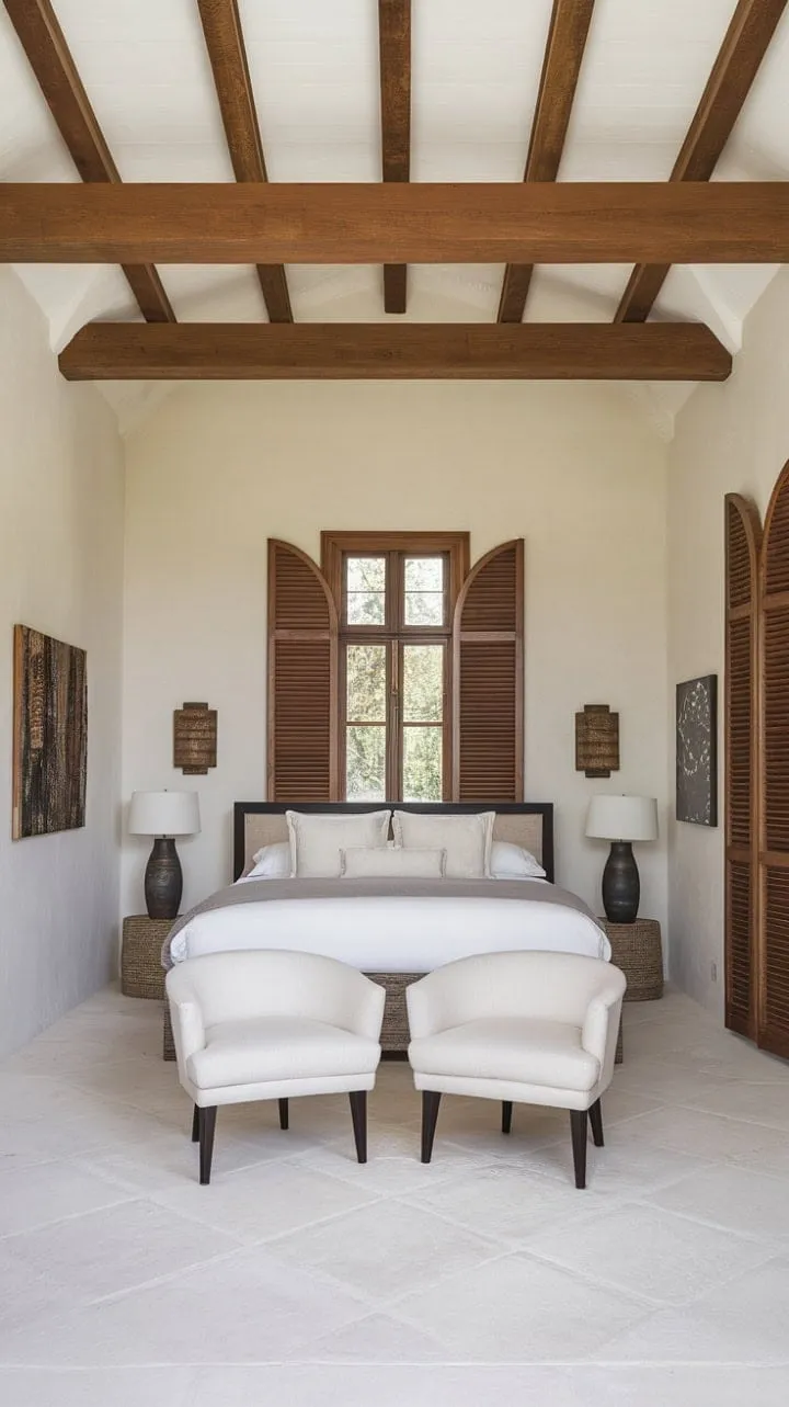 Sunlight dances through wooden shutters, casting a serene glow on the elegant simplicity of a Spanish villa's tranquil bedroom, making it a perfect escape.