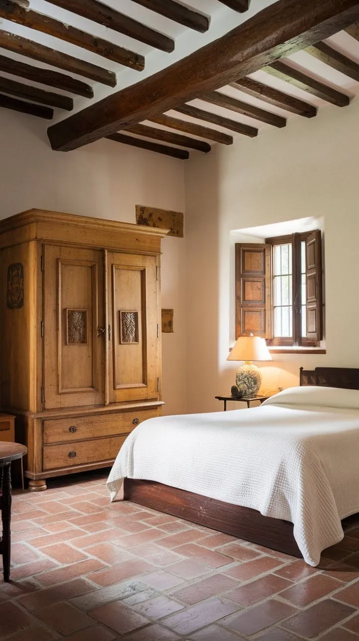 Sunlight dances through wooden shutters, revealing intricate carvings and the earthy aroma of terracotta in a serene Spanish-style guest room, inviting a peaceful night's rest.