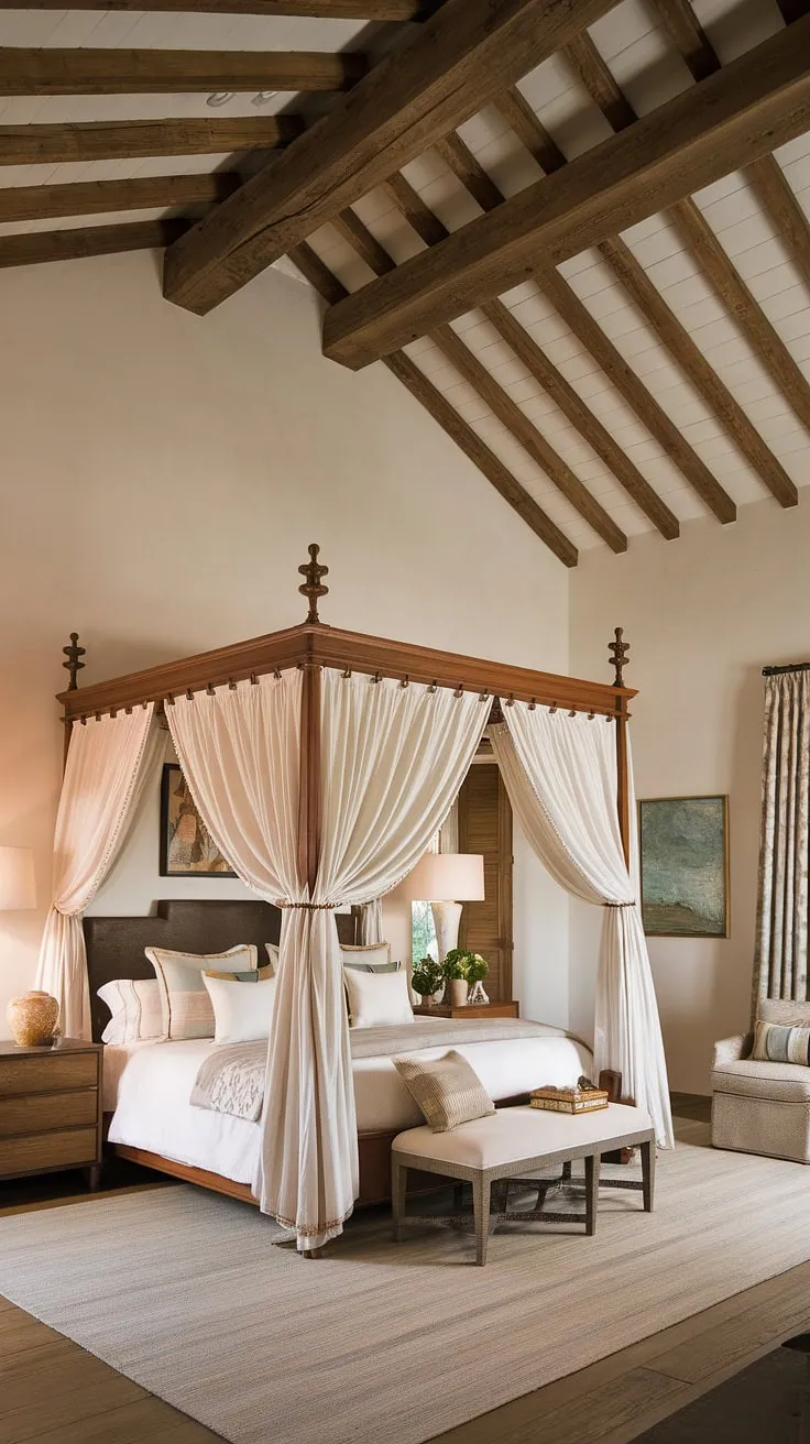 A high-ceilinged Spanish bedroom, bathed in soft light, features a wooden canopy bed and rustic charm.