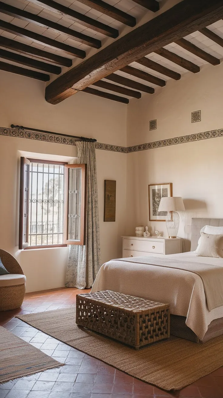 A sun-drenched Mediterranean villa guest room features a charming Spanish design with high ceilings and terracotta floors.