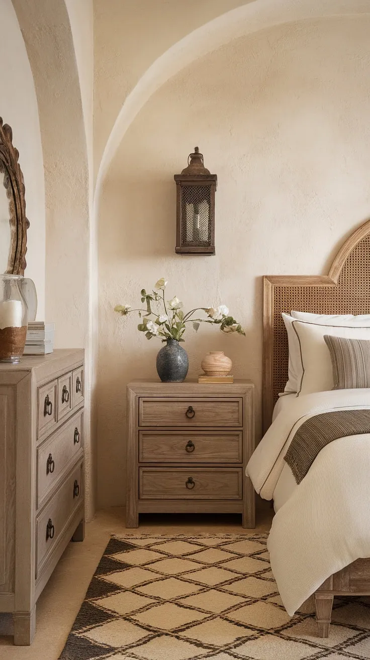 Elegant beige and white hues create a warm, inviting Mediterranean guest room, enhanced by wooden furniture and tasteful décor.