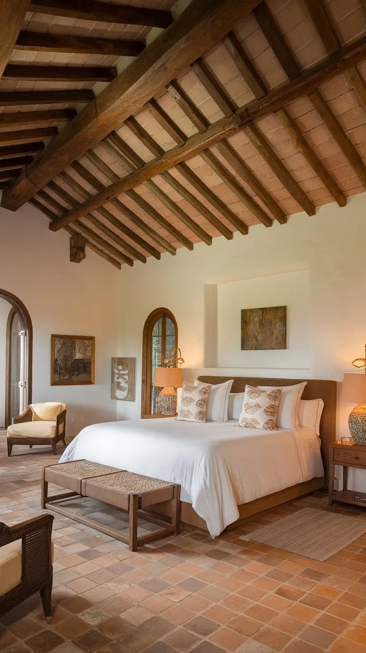 Terracotta floors and wooden beams complement the inviting atmosphere of this Spanish-style guest room.