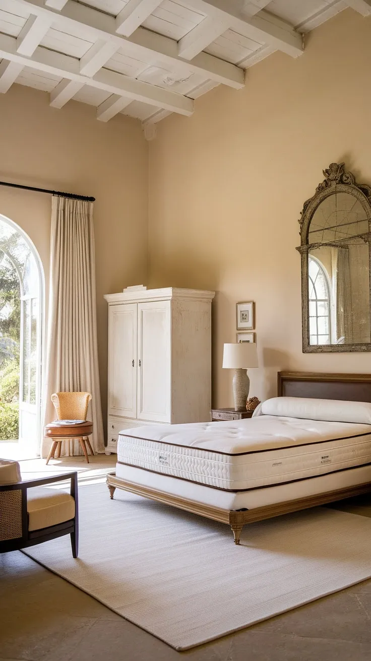 Sunlight streams into a tranquil Spanish-style guest room, highlighting its elegant furnishings and high ceiling