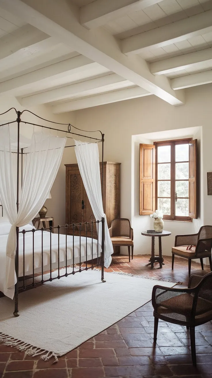 Elegant Spanish-style guest room features a whitewashed haven with terracotta floors and wrought-iron accents