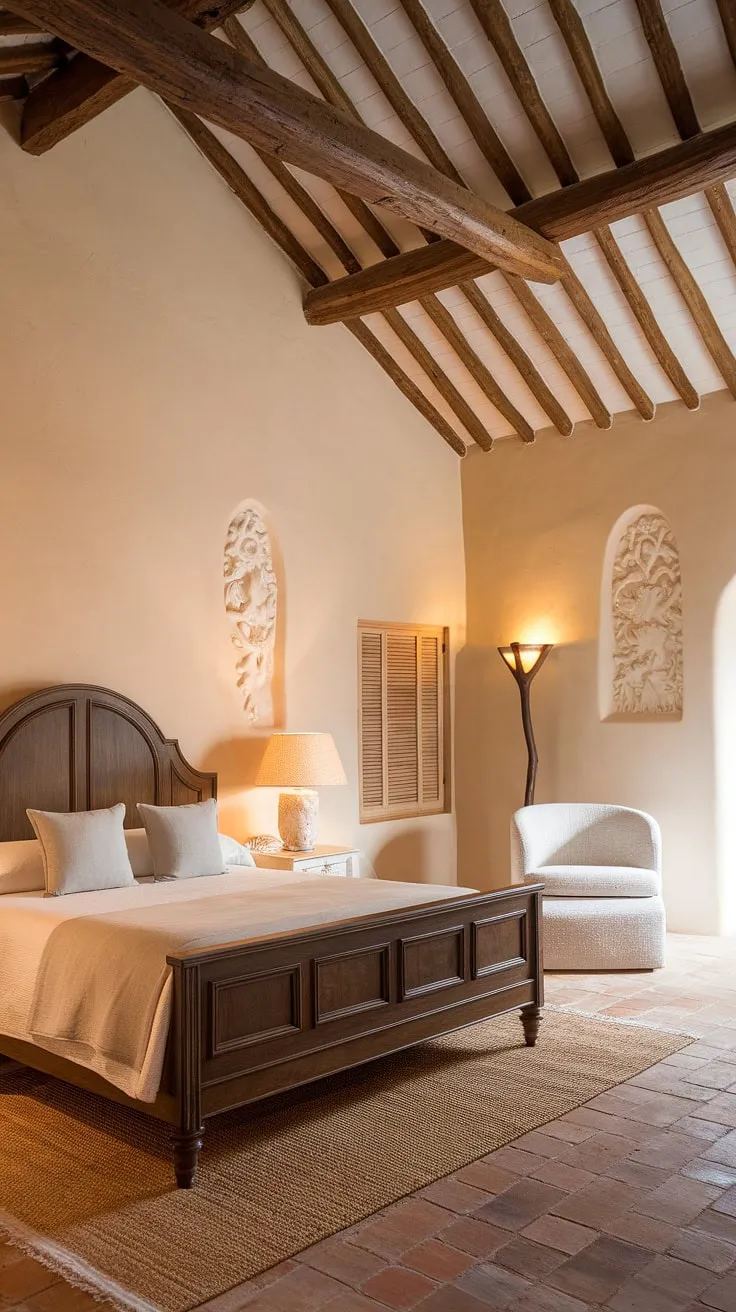 Warm lighting enhances the elegant Mediterranean charm of a Spanish villa's bedroom, featuring exposed beams and terracotta tiles