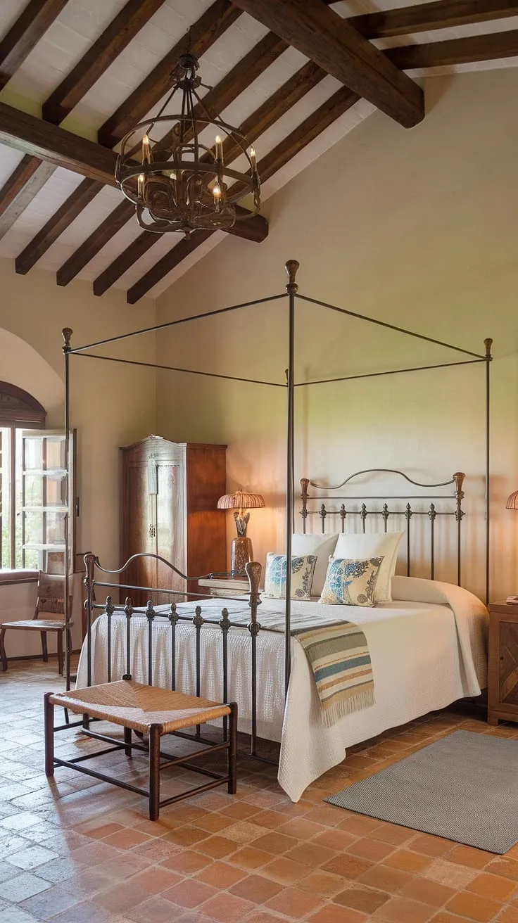 Elegant Spanish-style bedroom design features a wrought-iron canopy bed and terracotta tile floors in a Mediterranean villa