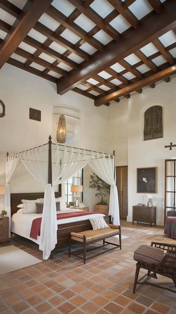 A high-ceilinged Mediterranean bedroom evokes tranquility with its wooden beams, white walls, and inviting wooden bed.
