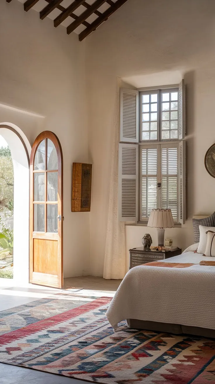 A Mediterranean villa's guest room offers serene escape with its high ceilings and inviting decor.