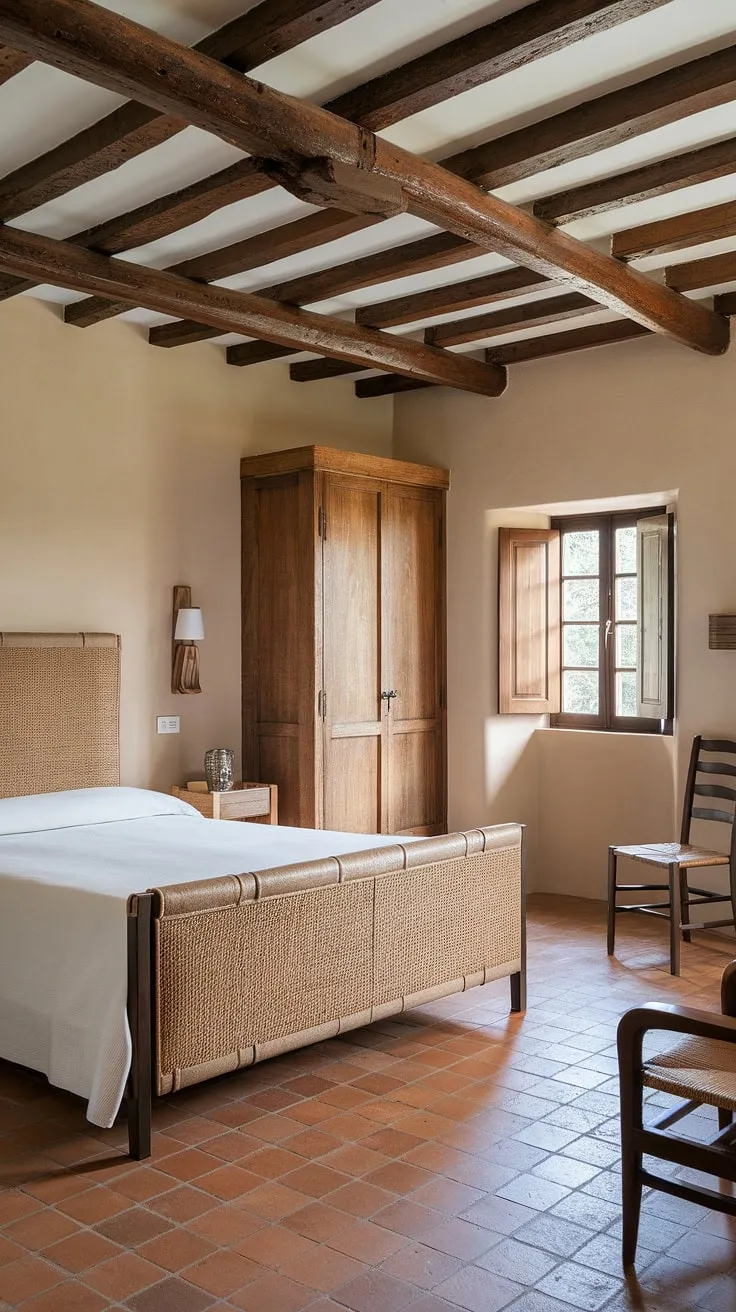 Rustic charm fills this Spanish guest room, its terracotta floors and exposed beams complementing a queen bed and soft beige walls.