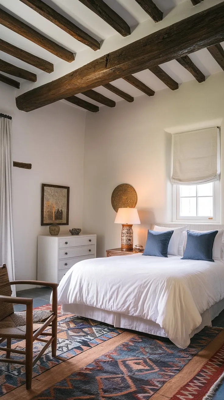 Elegant Mediterranean charm fills a Spanish-style guest room with high ceilings and calming blue accents