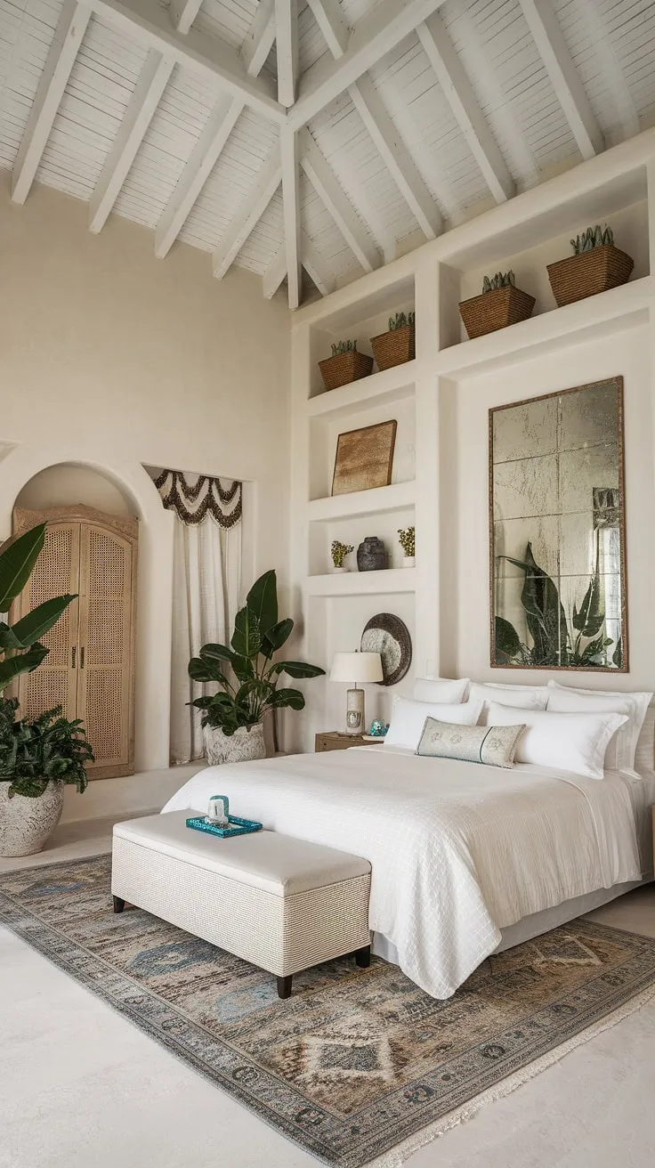 Sunlight streams into a serene Spanish bedroom, its whitewashed walls and elegant furnishings creating a tranquil Mediterranean escape.