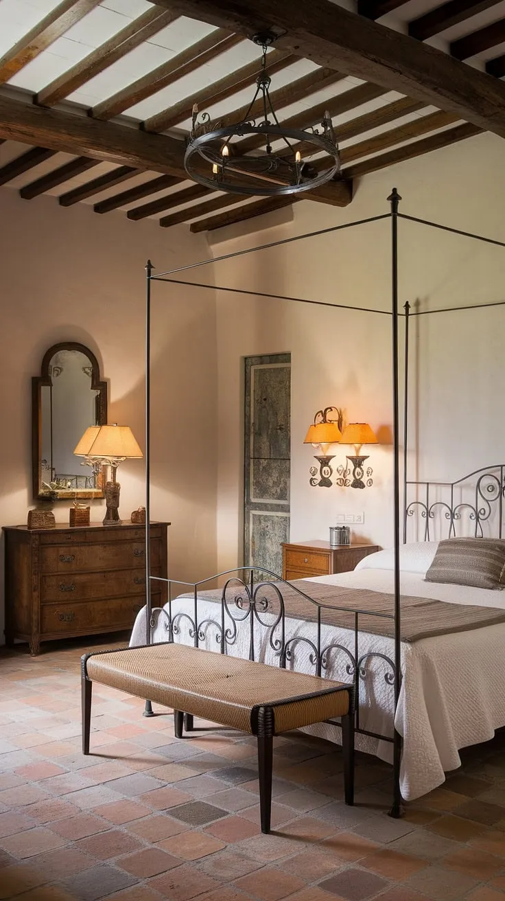 Elegant wrought iron and terracotta details create a charming Spanish-style guest room in a Mediterranean villa.