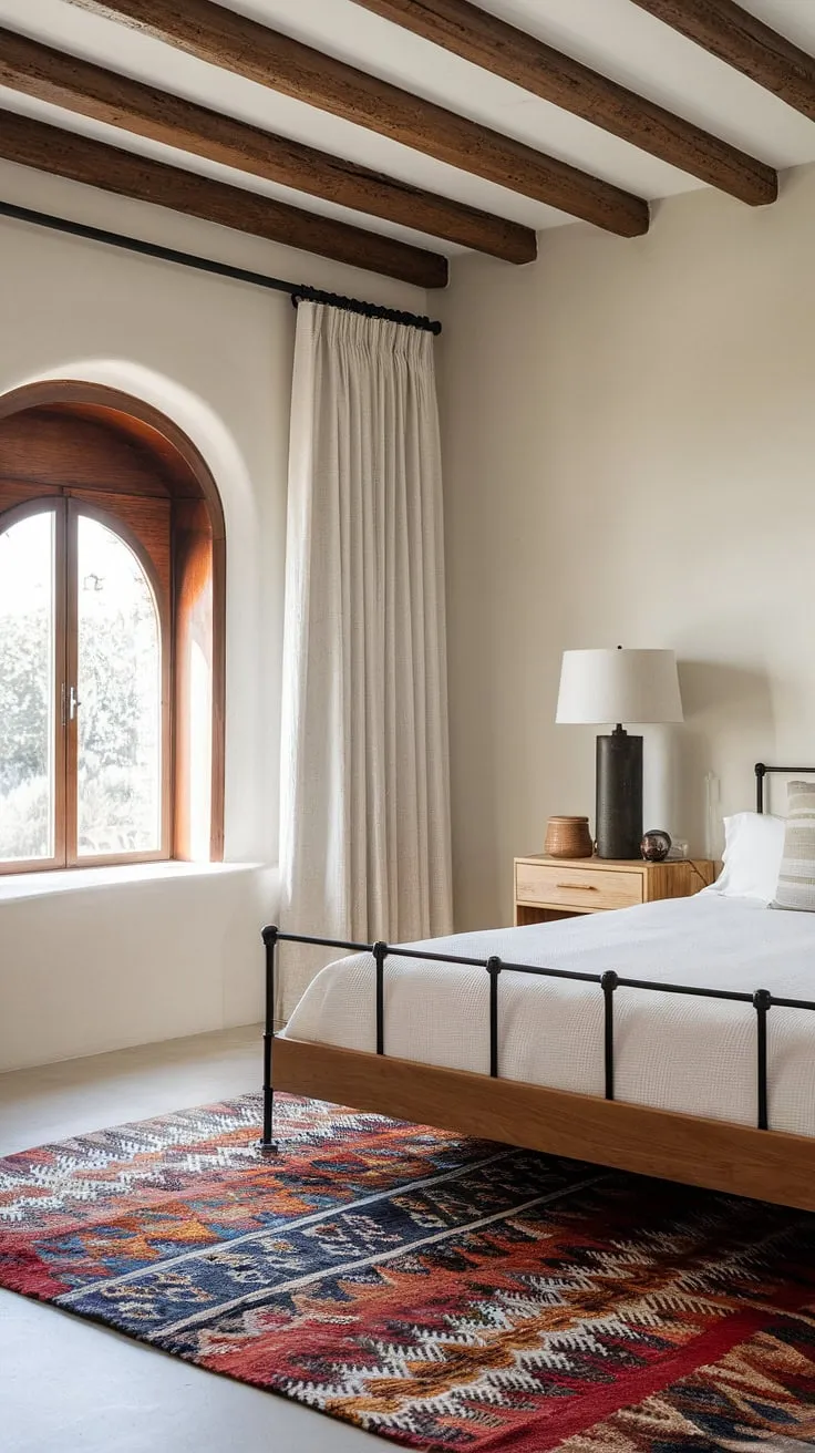 A serene Spanish bedroom features clean-lined wooden furniture, a beamed ceiling, and a patterned rug, creating a tranquil Mediterranean atmosphere.