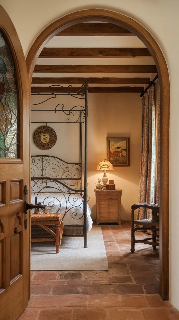 A terracotta-tiled Spanish guest room boasts a wrought-iron canopy bed and wooden furnishings under a beige-walled ceiling, accented by a stained-glass door.