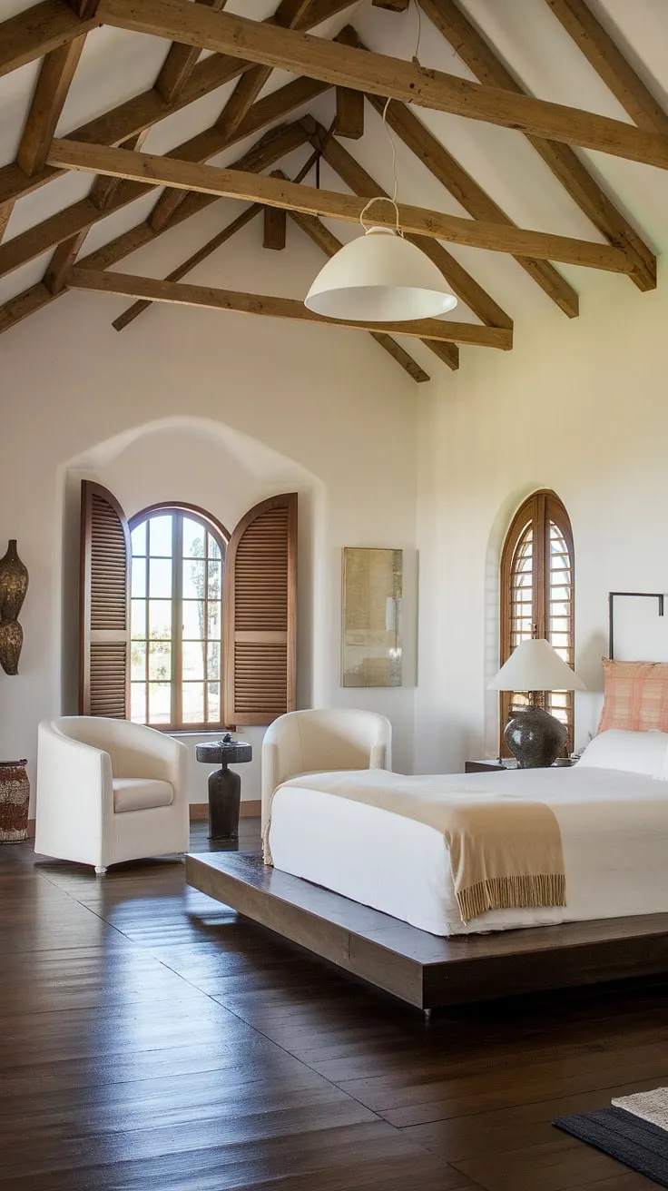 A queen-size bed and white accents create a serene escape in this sun-drenched Mediterranean guest room.