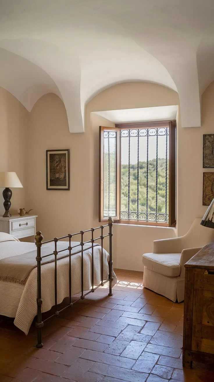 A tranquil Spanish guest room, bathed in sunlight, features terracotta floors and wrought-iron furniture overlooking a verdant landscape.