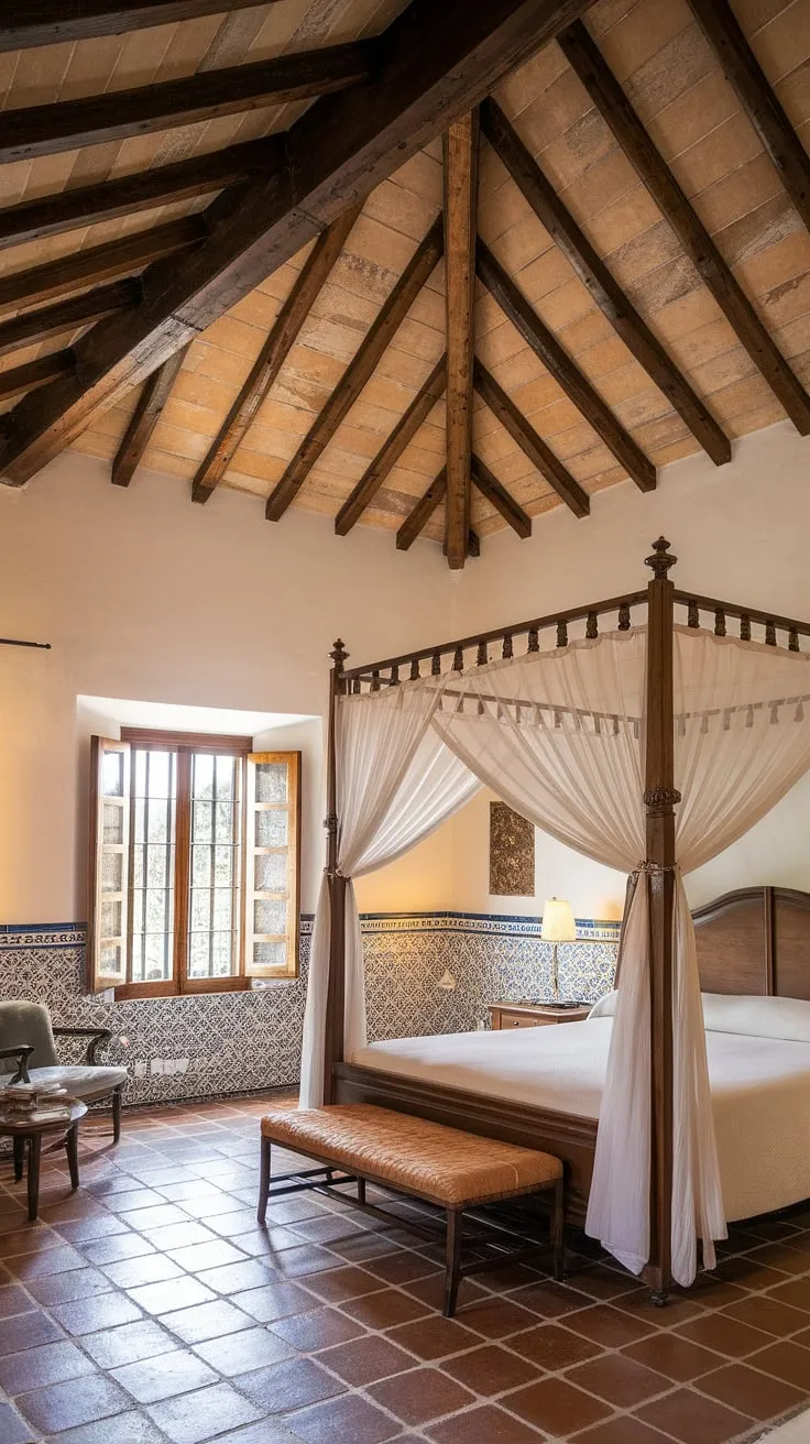 A Spanish villa's Mediterranean bedroom features a canopy bed and patterned tiles under high wooden ceilings, exuding old-world elegance.