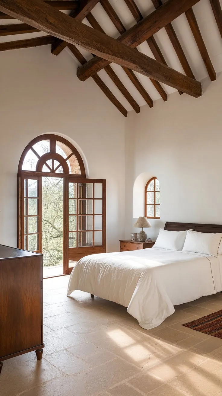 Sunlight streams through an arched window into a serene Spanish bedroom, highlighting its high ceilings, dark wood furniture, and crisp white bedding.