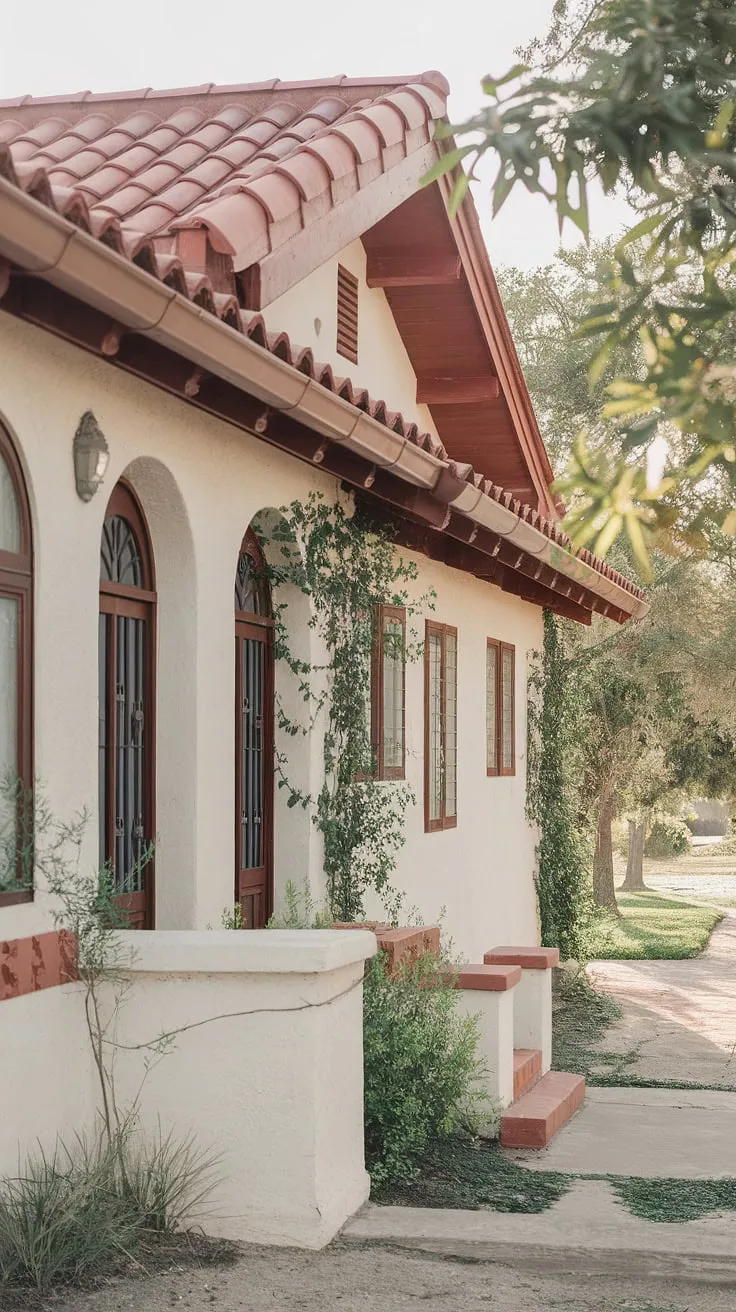 A sun-drenched Spanish bungalow, with its red tile roof and arched windows, sits peacefully amidst lush greenery