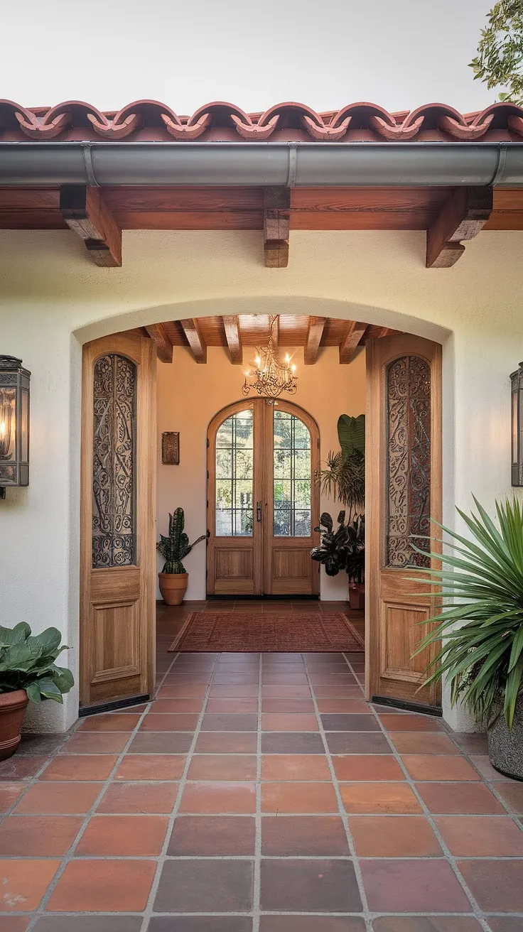 Elegant Spanish-style architecture blends red tile, white stucco, and ornate wood for a captivating home aesthetic