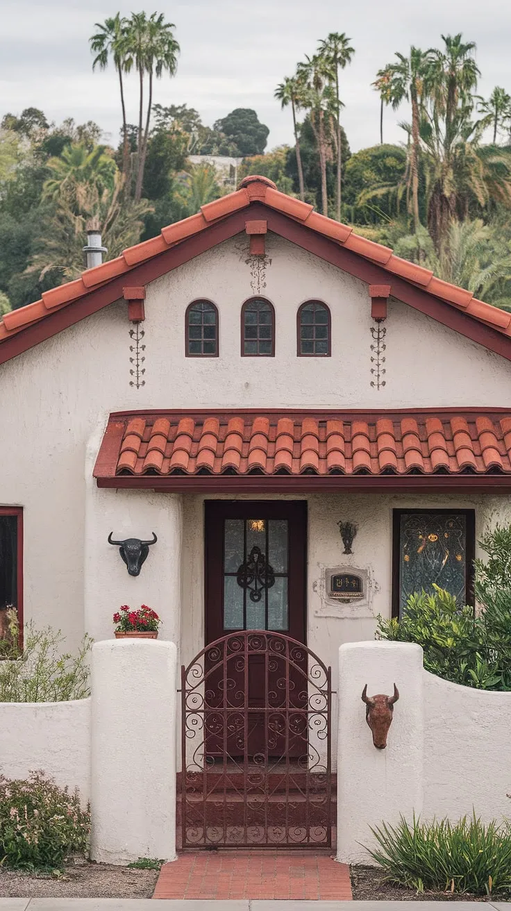 A California Spanish bungalow, adorned with red tile and wrought iron, sits proudly amidst lush greenery and palm trees