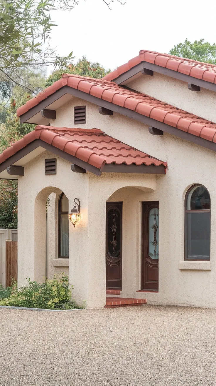 A charming Spanish bungalow, boasting stucco, red tile, arched details, and a gravel courtyard, sits nestled amongst trees.
