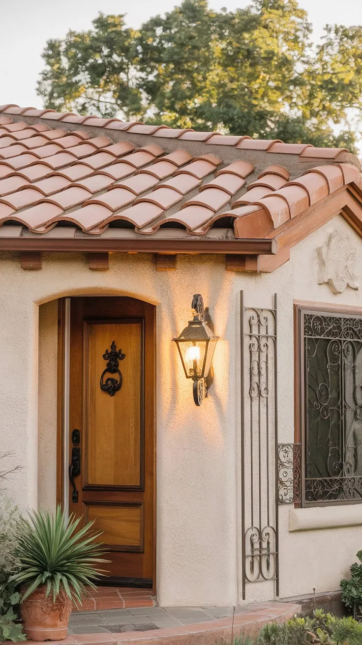 A picturesque Spanish bungalow exudes warmth and character, its terracotta tiles and ironwork set against a vibrant green backdrop