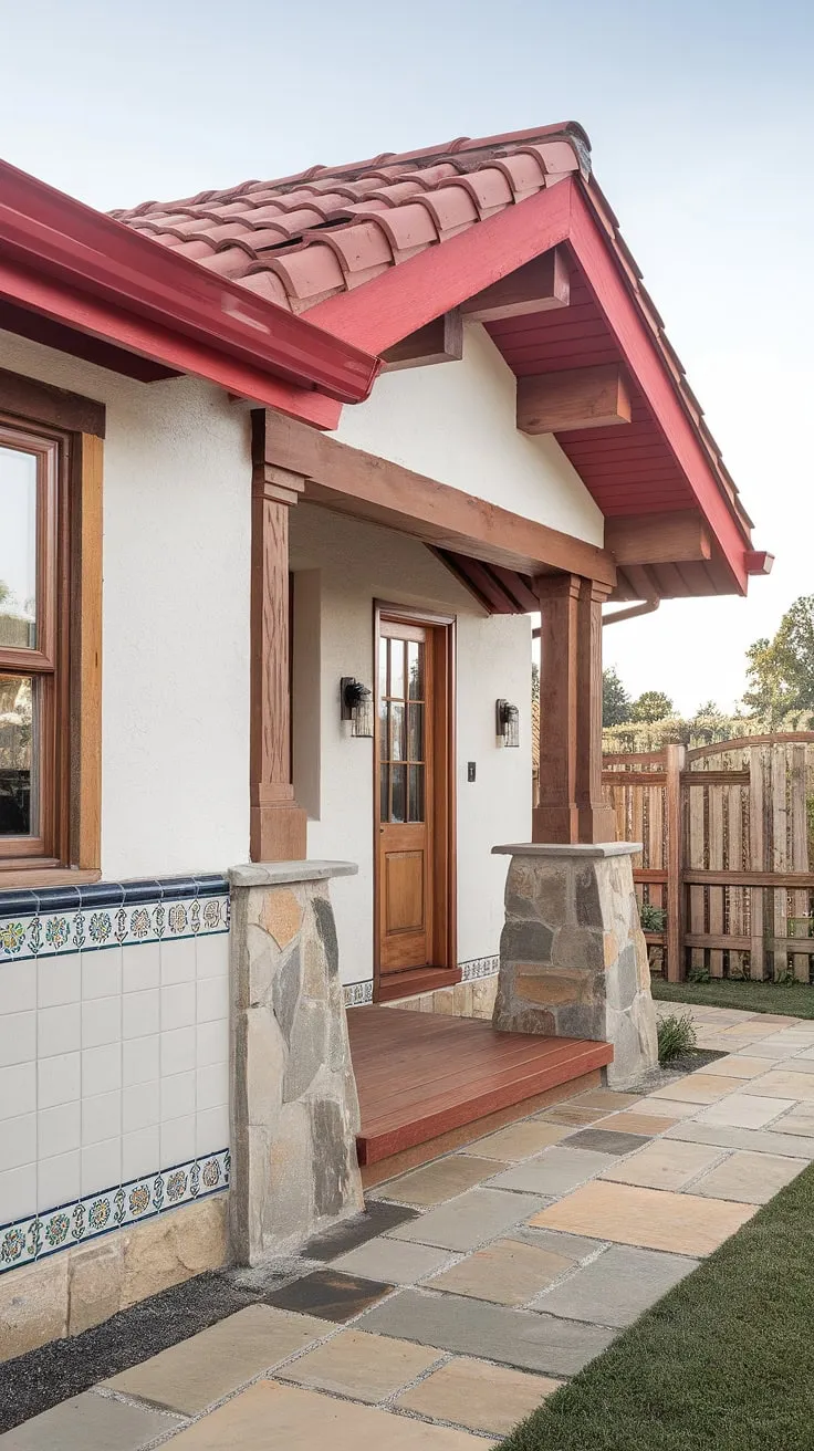 A charming Spanish bungalow boasts red tile roofing, white walls, wooden accents, stone pillars, and a picturesque stone path.