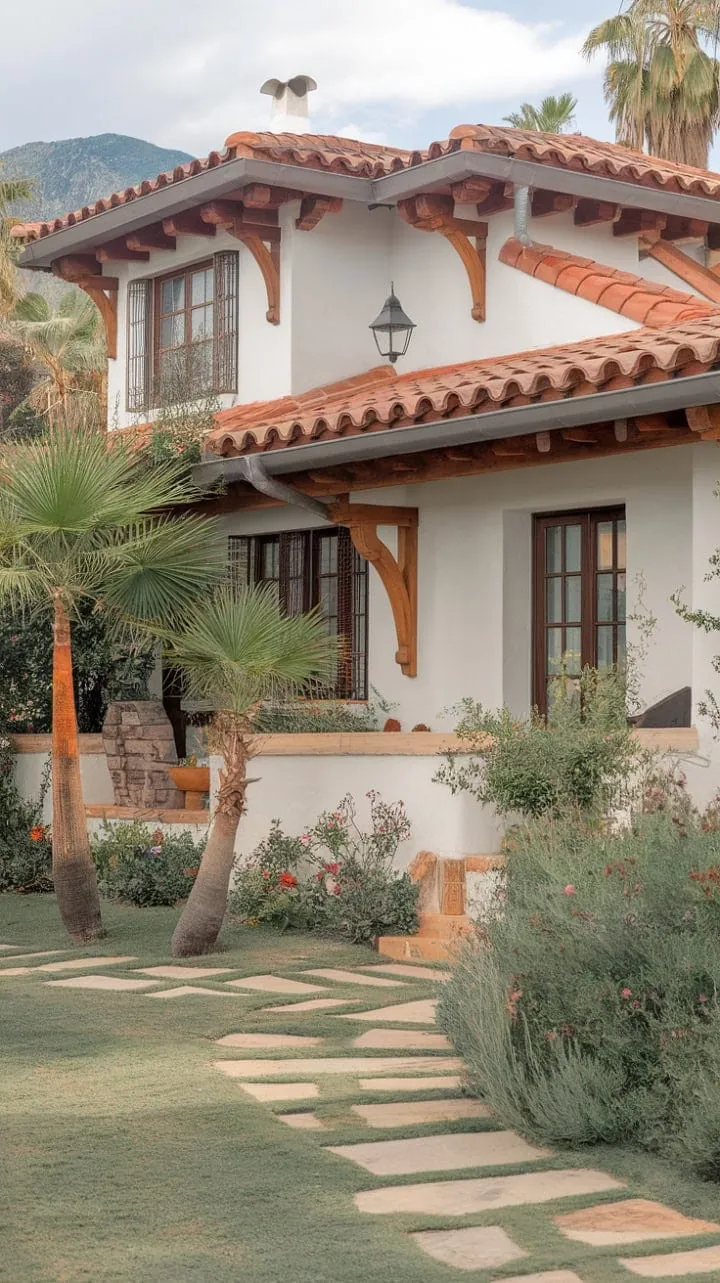 In a serene Spanish bungalow surrounded by vibrant blooms and majestic mountains, the warm sunlight and fragrant jasmine create an enchanting escape.