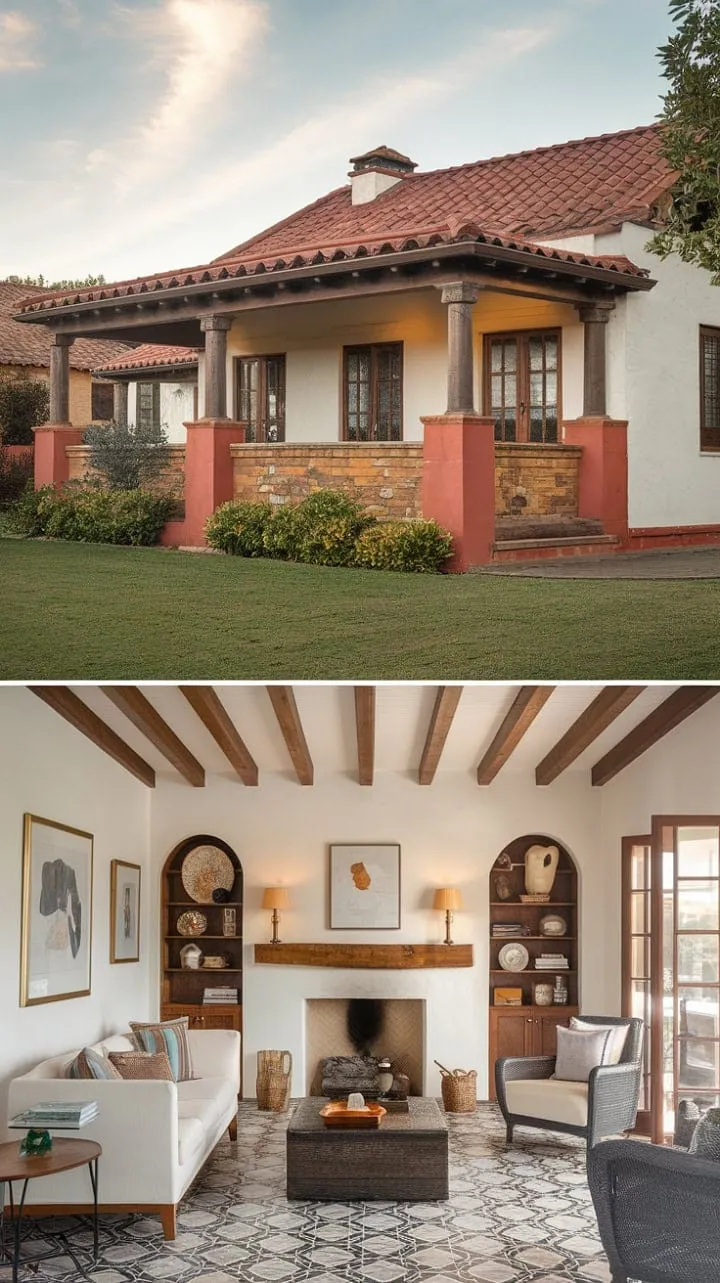 This charming Spanish-style bungalow, with its inviting porch and sunlit living room adorned with exposed beams and intricate tile, is a captivating sanctuary that showcases timeless design and craftsmanship.