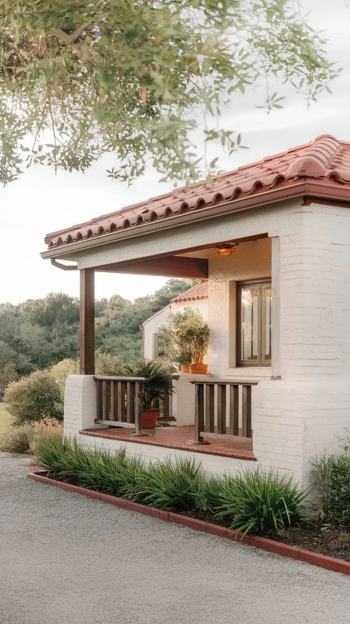 Bathed in sunlight, the charming Spanish bungalow with its red tile roof and white stucco walls invites leisurely afternoons amidst a vibrant green landscape.