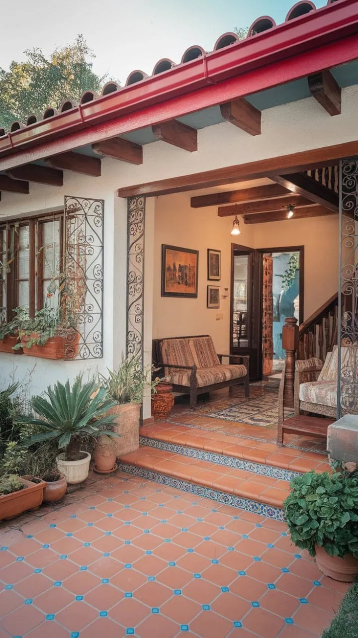 Bathed in sunlight, this enchanting Spanish bungalow boasts a cozy interior of rustic beams and vibrant tiles, inviting you to unwind in its warm embrace.
