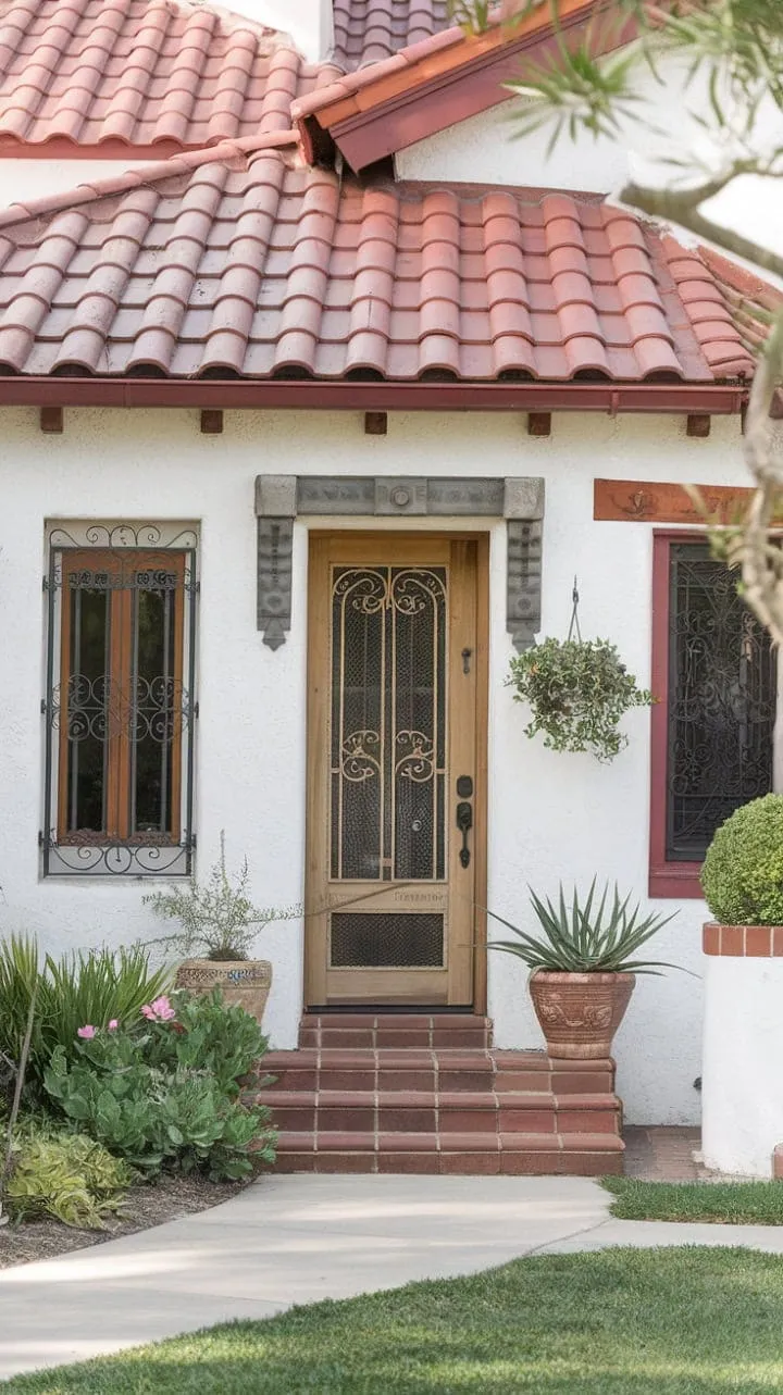 Bathed in sunlight, a charming California bungalow with a red tile roof and lush garden invites you into its serene embrace, where history whispers through its intricate wooden door and iron-barred windows.