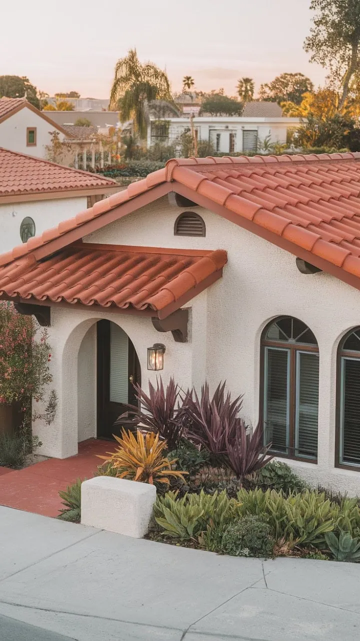 This charming Spanish bungalow, adorned with vibrant plants and inviting arched windows, captures the essence of sun-soaked serenity and idyllic living.
