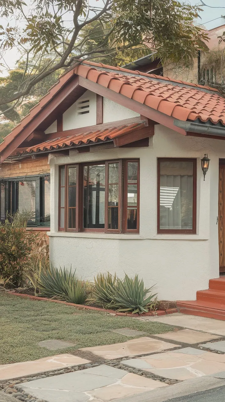 A charming Spanish bungalow, with its red tile roof and white walls, sits nestled amongst greenery and neighboring homes.