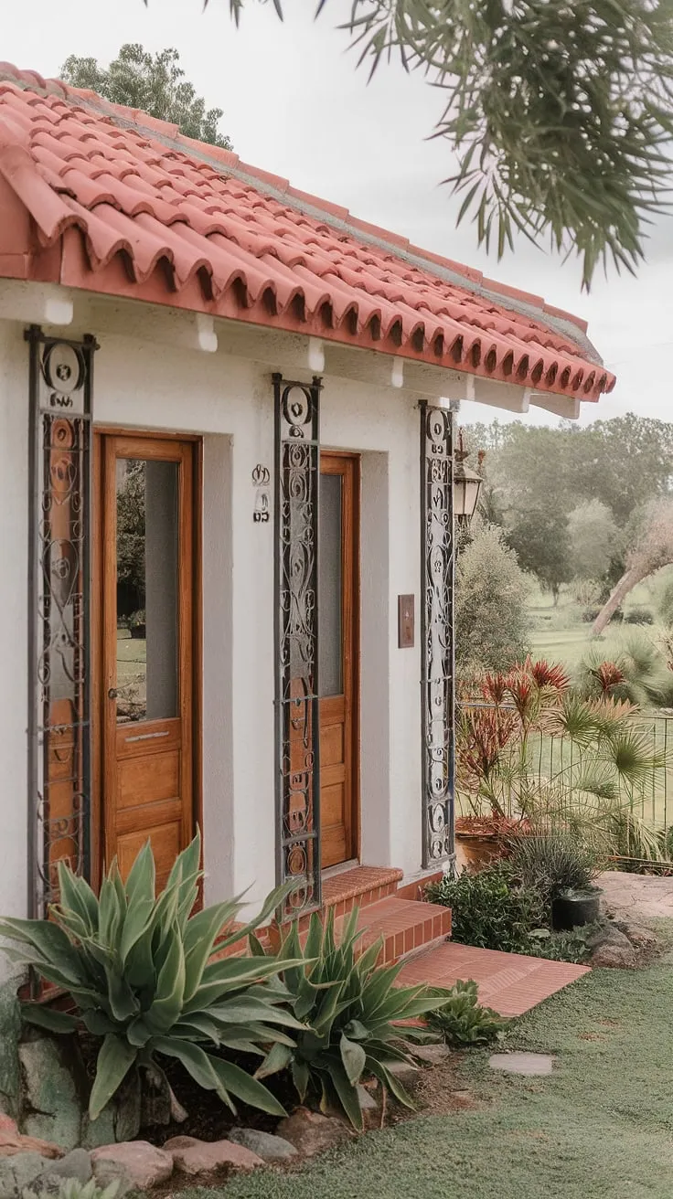 A charming Spanish bungalow, boasting a red-tiled roof, white walls, and intricate ironwork, sits nestled in a vibrant green landscape.