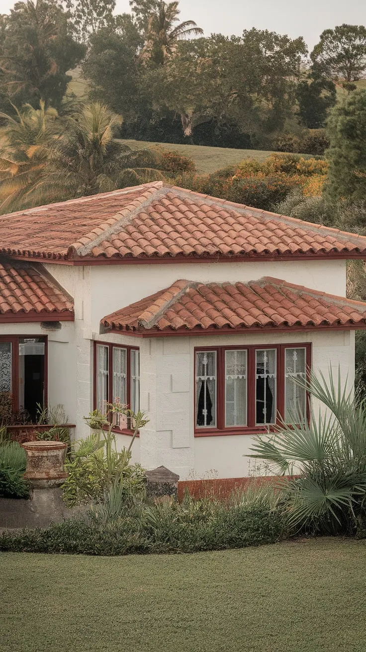 A sun-drenched Spanish bungalow, boasting red tile and white walls, sits nestled in vibrant greenery.