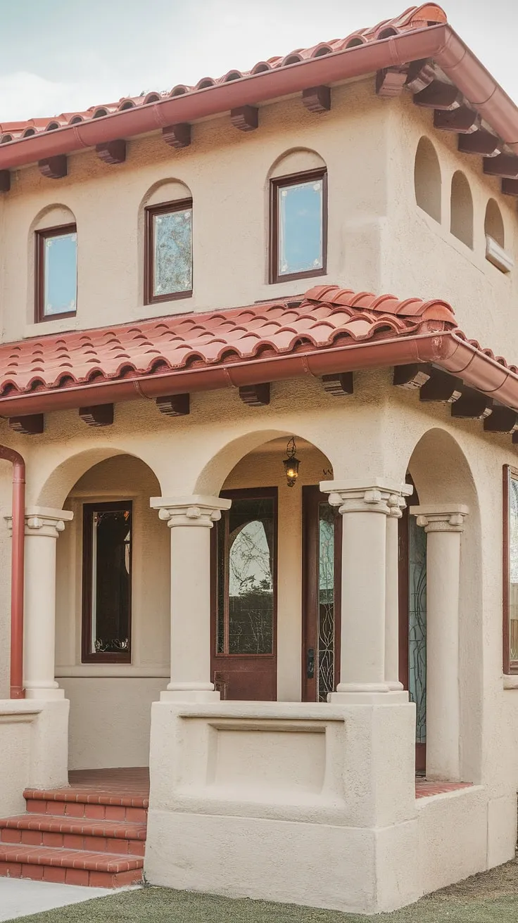 A charming stucco bungalow boasts arched windows and a red-tiled roof, hinting at a captivating Spanish interior.