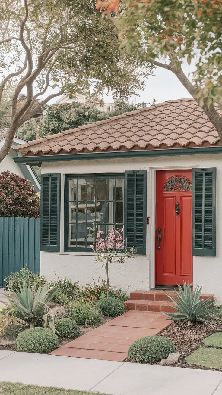A charming Spanish bungalow, boasting a red door and lush garden, stands proudly amidst a neighborhood backdrop.